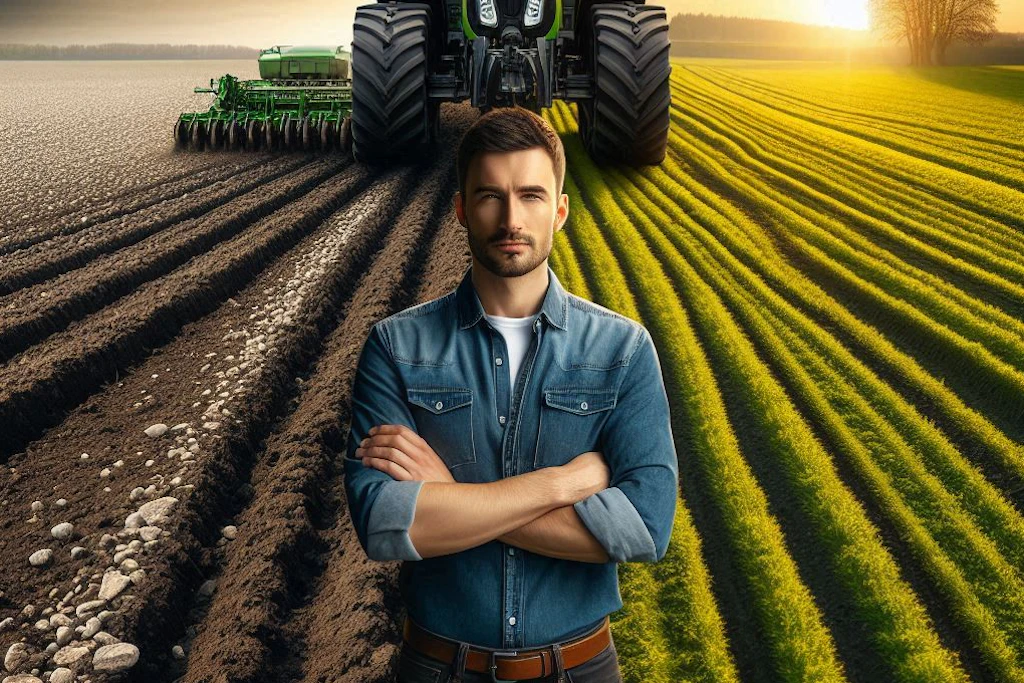 rolnik na tle pola z widocznymi kamieniami PlonPro zdjęcie strony o nas.